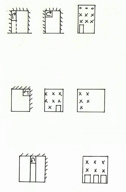 Typologie des maisons. Façades et distribution des maisons occupant, de haut en bas respectivement, les parcelles B 377, 360 et 580.