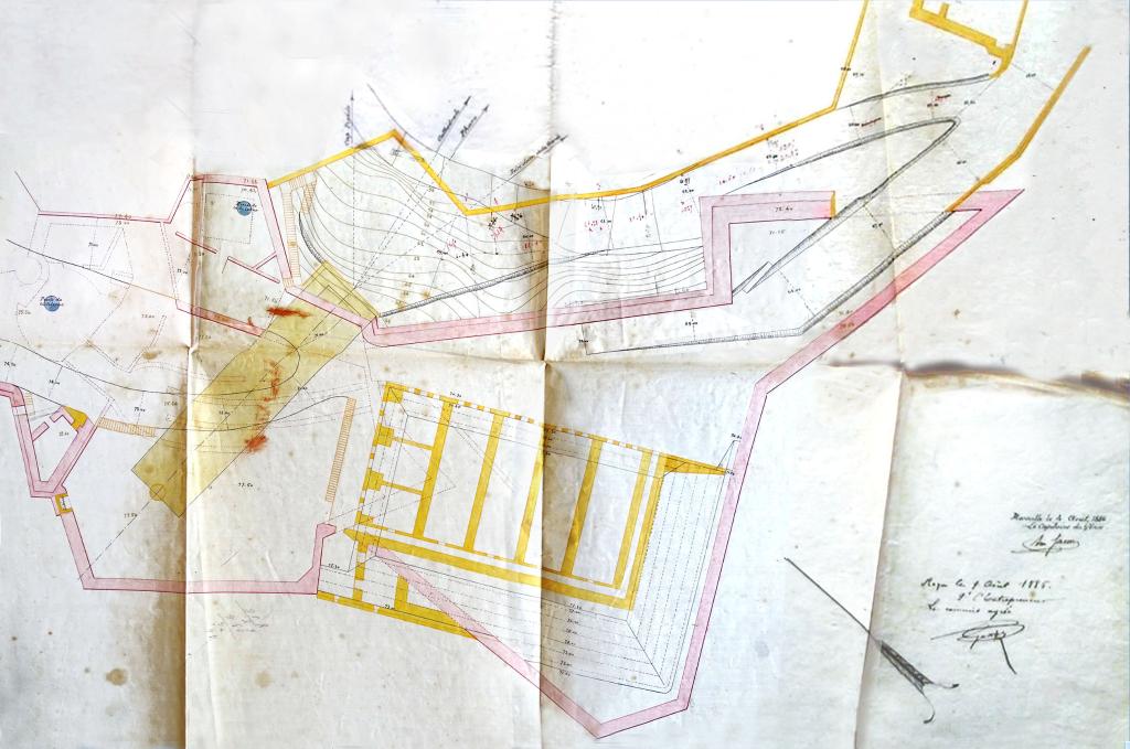 [Plan du projet de magasin à poudre caverne et de caserne du fort de Ratonneau], 1886.