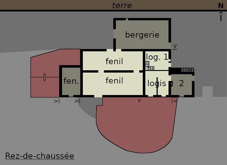 Plan schématique du bâtiment 1 : rez-de-chaussée surélevé. 