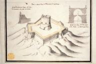 Tour et fausse braye de l'éminance de porte-cros. Profil des fausses braye de la tour de l'éminance ou de celle d'estissac. Profil des tours de l'éminance ou d'estissac de l'isle de portecros. [Vue perspective du fort de l'Eminence avec coupe de la tour et coupe de la fausse braie de l'Eminence et de l'Estissac indiquée en projet.] vers 1660