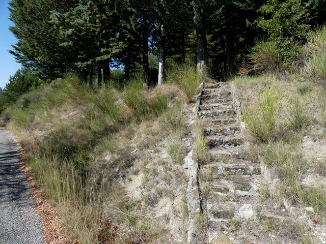 Cheminement en escalier menant à l'ancien terrain de sports.
