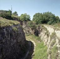 Fossé non revêtu du flanc nord du fort à son point de contournement de la caponnière nord-est.