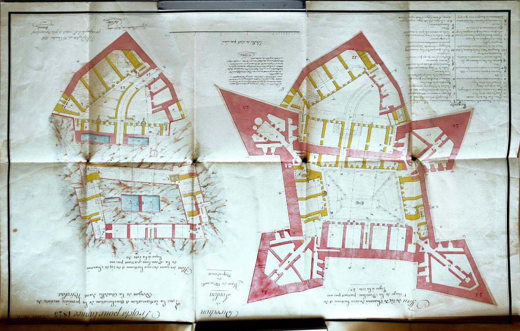Plan du rez-de chaussée et des caves du donjon de la citadelle St Nicolas et de sa demi-lune, 1824.