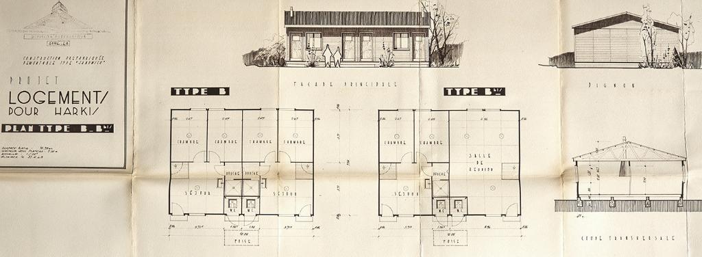 Projet de logement pour Harkis, plan de type B, Bbis, façade principale, pignon, vue en plan, coupe transversale, 1963. Entreprises Schroth.