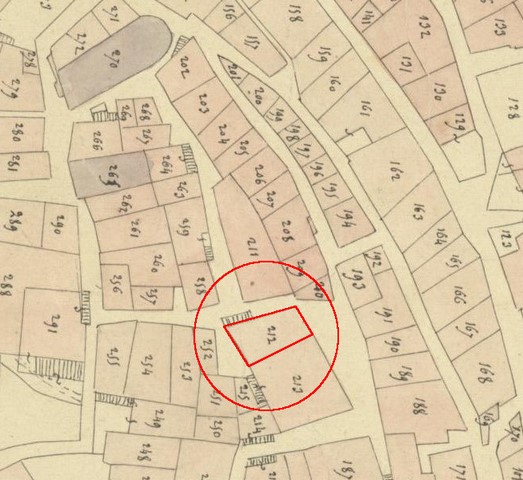 Plan de masse d'après le plan cadastral de 1839, section F1. Echelle d'origine 1/1000e.