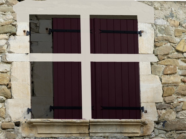 Bâtiment du logis. Elévation ouest, second niveau. Restitution de la fenêtre à croisée.
