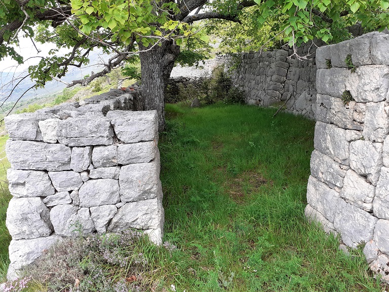 Enclos-cour. Mur de clôture oriental et porte d'accès. Vue prise de l'est.
