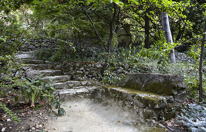 Jardin des collections (vue d'ensemble d'un escalier et d'un banc).