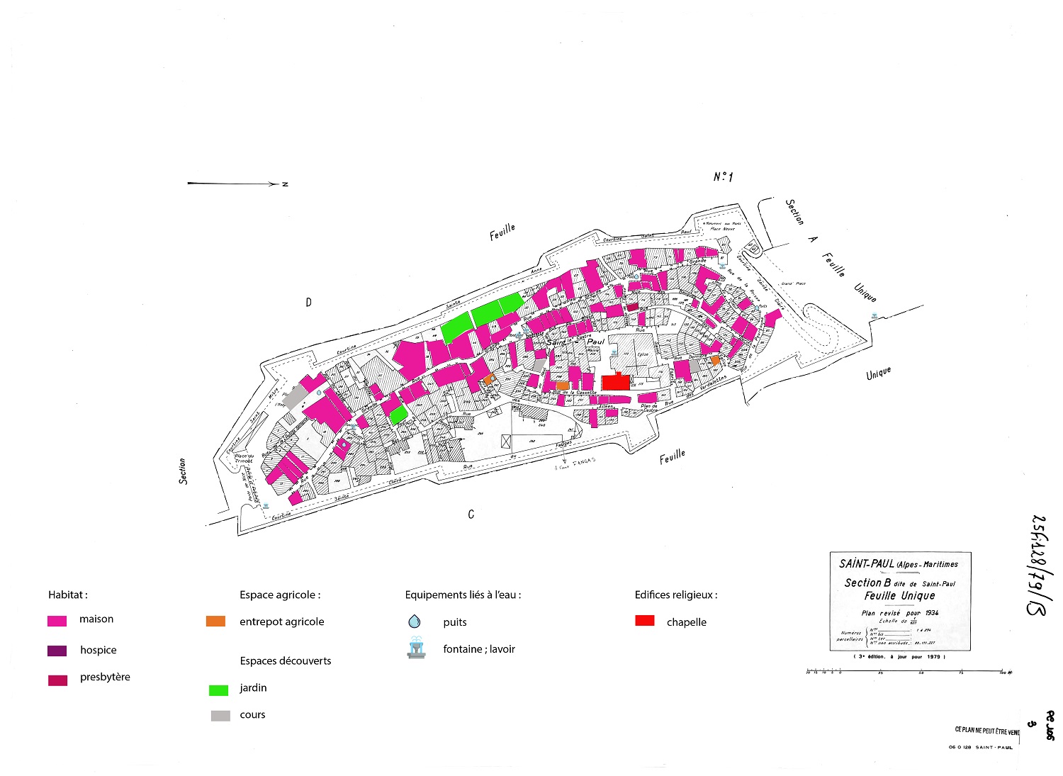 Eléments repérés dans le bourg de Saint-Paul-de-Vence, colorisés sur la feuille B du cadastre révisé en 1979. 