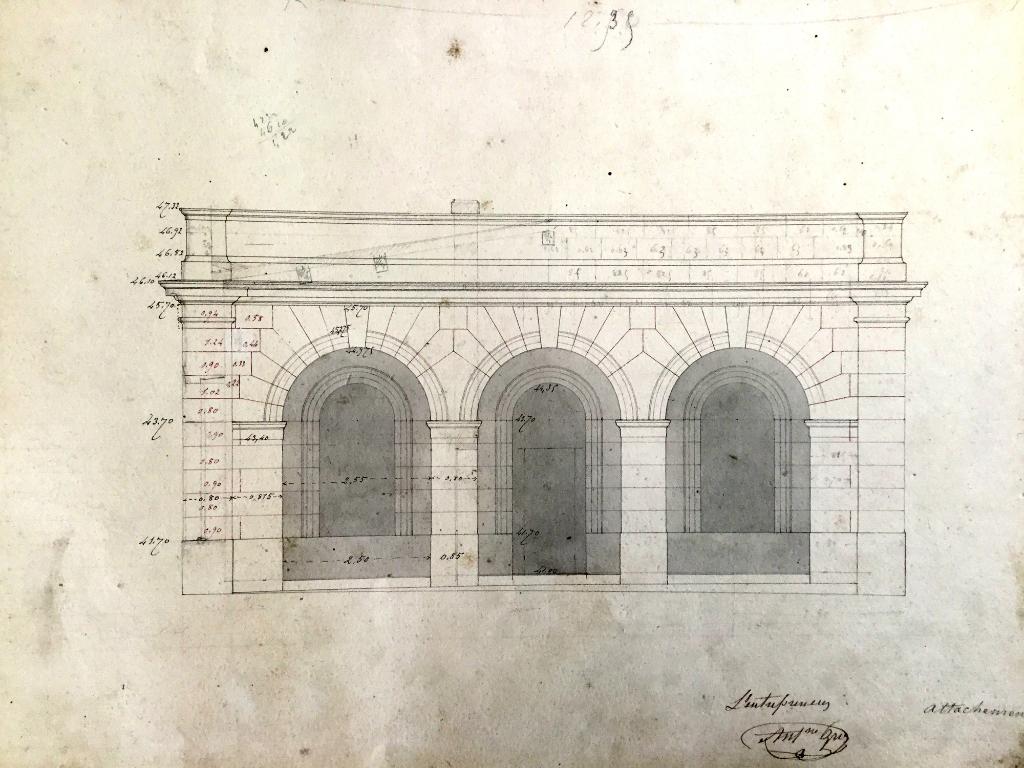 [Élévations du porche d'un pavillon d'entrée de la caserne Saint Charles], 1863. 