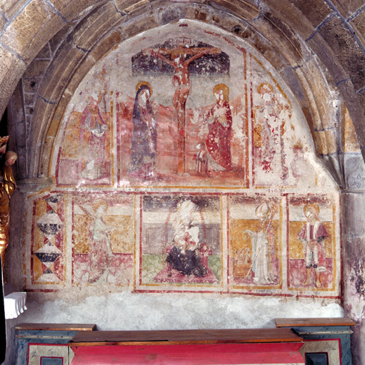 ensemble de peintures monumentales : Calvaire, Saint Claude, Sainte Marie Madeleine, Sainte Lucie, Vierge à l'Enfant et rosaire, Saint Nicolas, Saint Pancrace