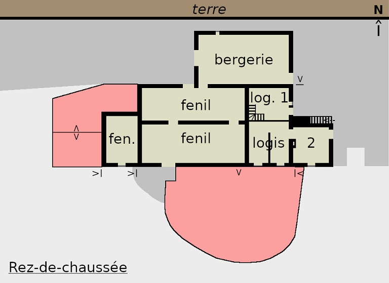 Plan schématique des bâtiments : rez-de-chaussée surélevé. 