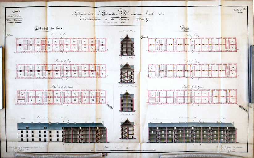 Génie, place d'Embrun. Projet pour 1844. Bâtiments militaires. Améliorations à la caserne 26-27. [Plans et coupes, état des lieux et projet.], 1844.