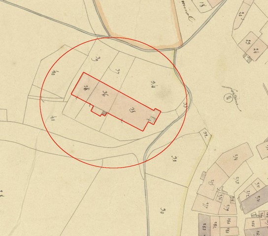 Plan de masse, d'après le cadastre de 1839 (sections F1 et F5). Echelle d'origine 1/1 000e.