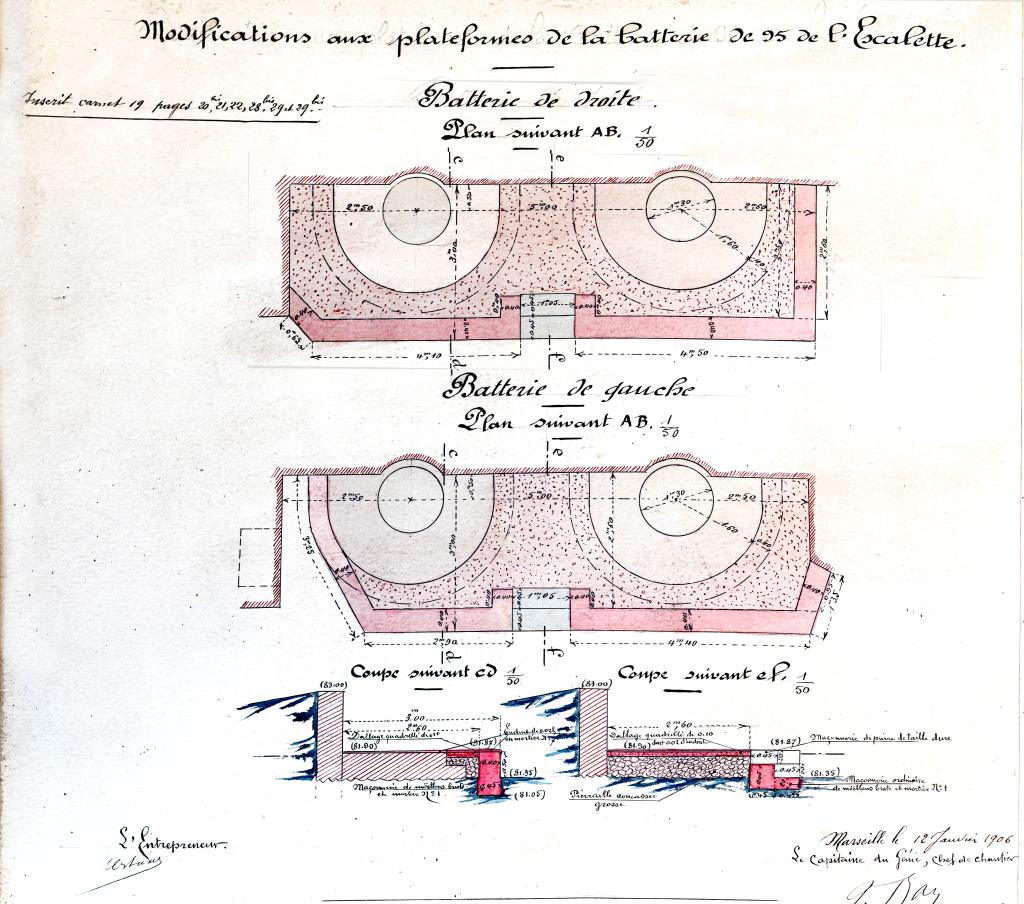 [Plan des modifications aux plates-formes de 95 de la batterie de l'Escalette], 1906.