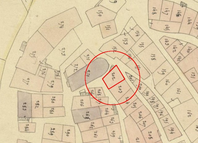 Plan de masse d'après le plan cadastral de 1839, section F1. Echelle d'origine 1/1000e.