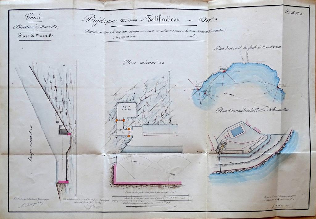 [Plans d'un projet de magasin sous roc à la batterie du Roucas Blanc],1864.