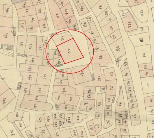 Plan de masse, d'après le cadastre de 1839 (section F1). Echelle d'origine 1/1 000e.