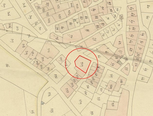 Plan de masse, d'après le cadastre de 1839 (section F1). Echelle d'origine 1/1 000e.