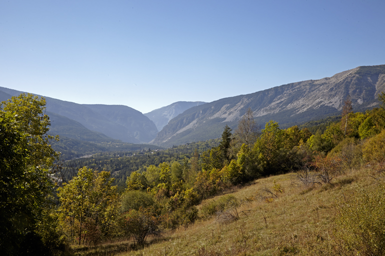 Paysage de la haute vallée du Verdon depuis Côte Meunière (rive droite), témoignant de l'enfrichement du finage.