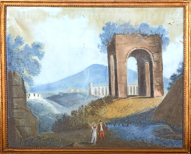 Premier étage, salon des Tapisseries : décor du trumeau de la cheminée, composition réalisée sur papier au pastel par Paulin de Duranti la Calade, oeuvre déposée, début du 19e siècle. 
