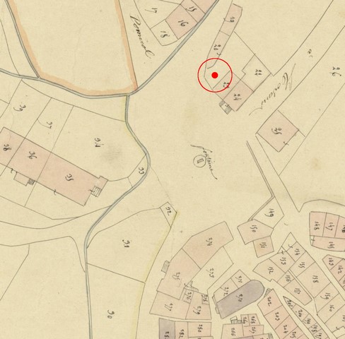 Emplacement du bâtiment actuel sur le plan cadastral de 1839, section F1. Echelle d'origine 1/1000e.