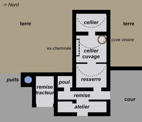 Bâtiment du logis et dépendances accolées. Plan schématique de l'étage de soubassement.
