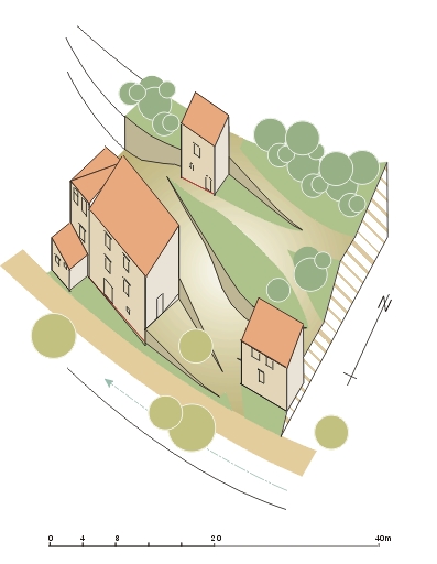 Ferme à la Lagne (Castellane). Le plan axonométrique montre la disposition des différents bâtiments disjoints composant la ferme.