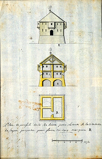 Plan et profils de la redoute pour la teste de la citadelle de Seyne proposé pour faire en 1705. 1704