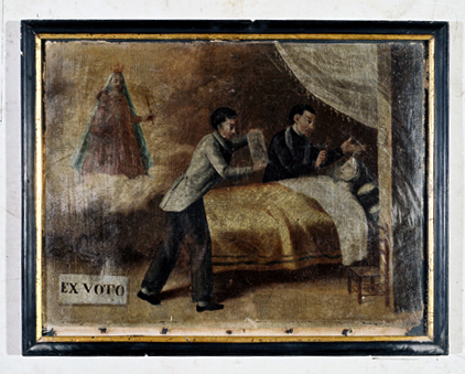 ex-voto, tableau : Demande de guérison d'une femme, au couvre-lit jaune