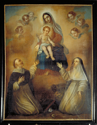 tableau (tableau d'autel) : Remise du Rosaire à Saint Dominique et sainte Catherine de Sienne