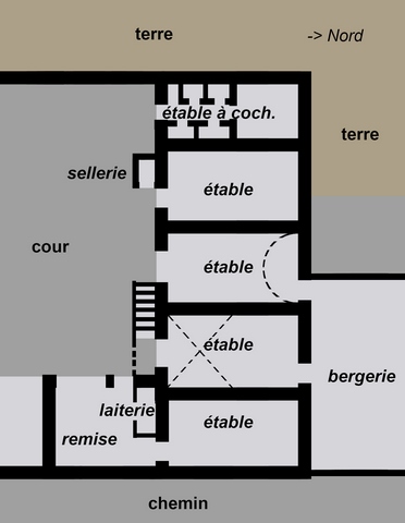 Bâtiment de la grange-étable et dépendances accolées. Plan schématique de l'étage de soubassement.