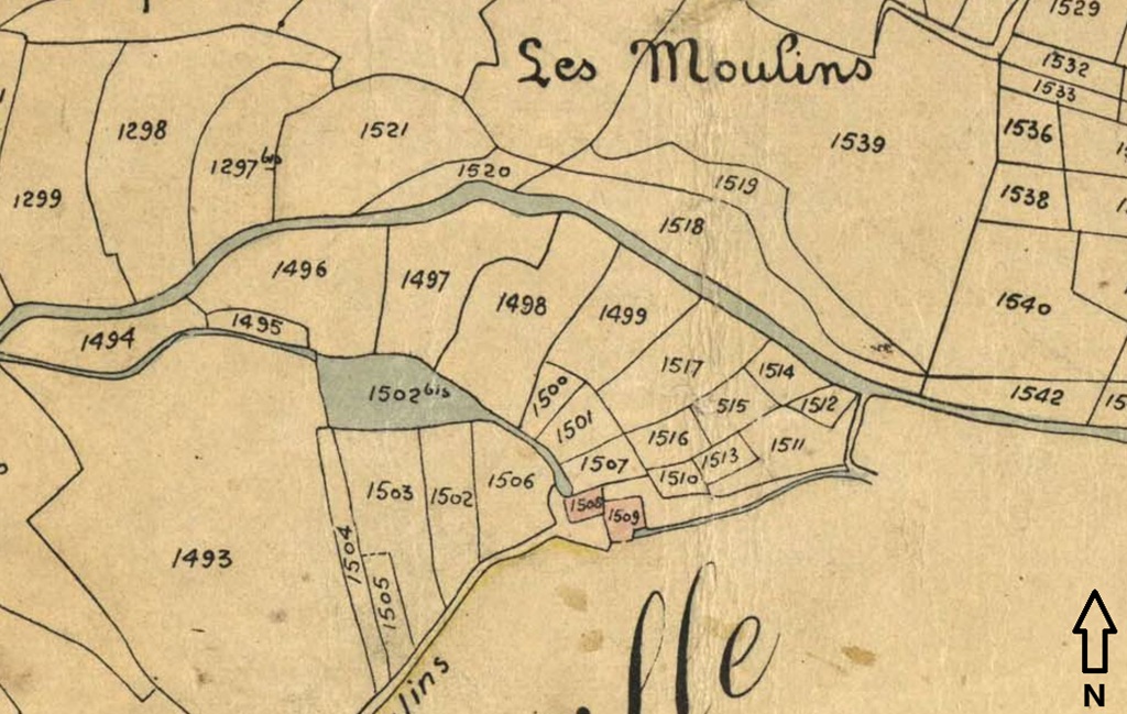 Plan de masse et de situation des moulins du quartier des Moulins d'après le cadastre de 1833 (section C, parcelles 1508-1509). 