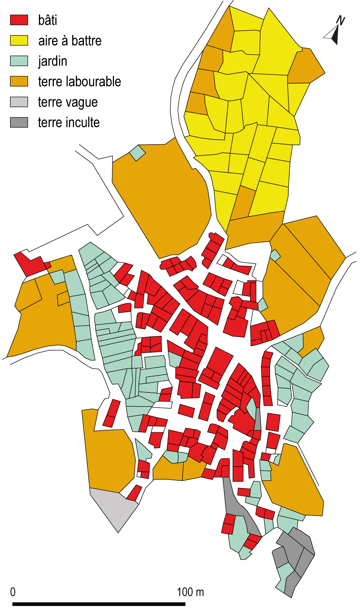 Occupation du foncier à Rougon d'après le cadastre de 1835 : remarquer la situation périphérique des jardins potagers et des aires à battre.