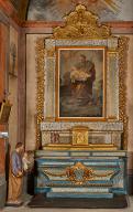 Ensemble de l'autel secondaire de Saint-Joseph : degré d'autel, autel, tabernacle, gradins d'autel, tableau d'autel, retable