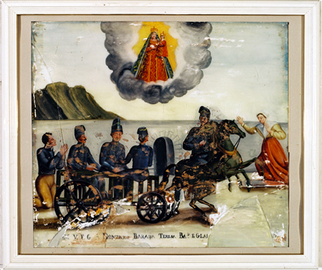ex-voto, tableau : Enfant sous les roues d'un chariot près d'une fortification