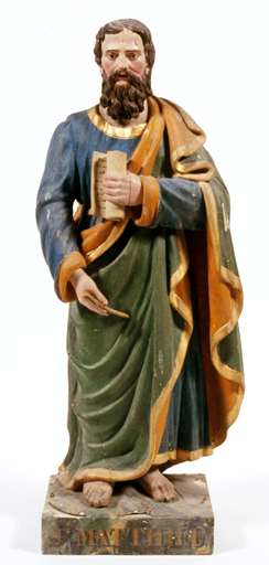 statues (2) (statuette, paire, en pendant) : Saint Jean l'Evangéliste, Saint Matthieu