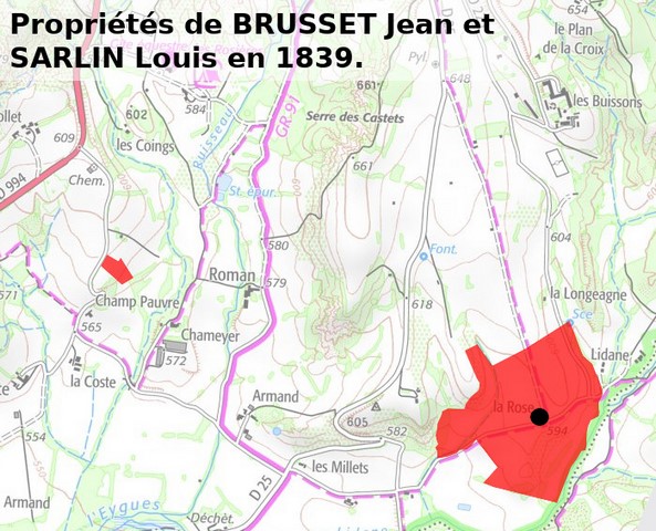 Le domaine agricole en 1839, d'après la carte IGN de 2021. Echelle d'origine 1/25 000e.