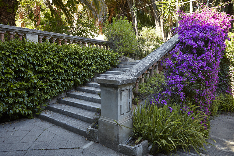 Escalier entre l'entrée piétonne et le jardin.