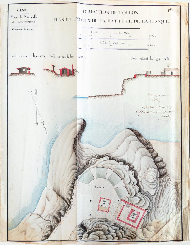 Plan et profils de la batterie de La Lecque,1818.