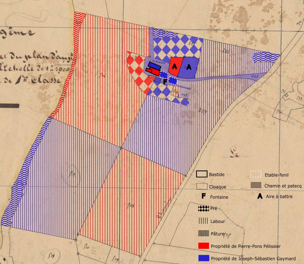 Propriétaires et natures de parcelles de la ferme occidentale du Plan d'Aups en 1843, d'après l'état de section du cadastre. 