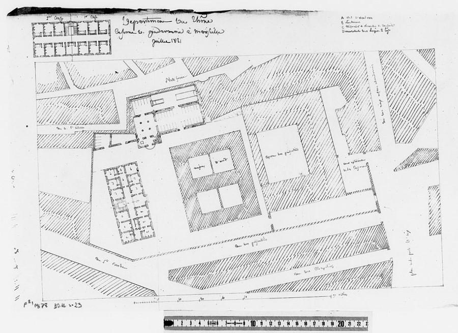 Département du Rhône. Caserne de gendarmerie à Marseille. juillet 1821. [Plan général, plans, élévations et coupes]. 1821. 