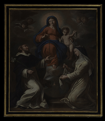 Tableau, cadre : Donation du rosaire à saint Dominique de Guzman et à sainte Catherine de Sienne