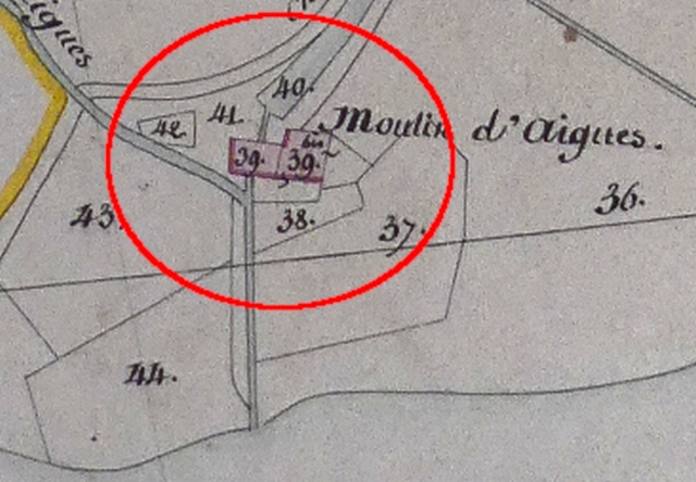 Plan de masse, d'après le cadastre de 1839 (section G7) (version des Archives communales). Echelle d'origine 1/2 000e.