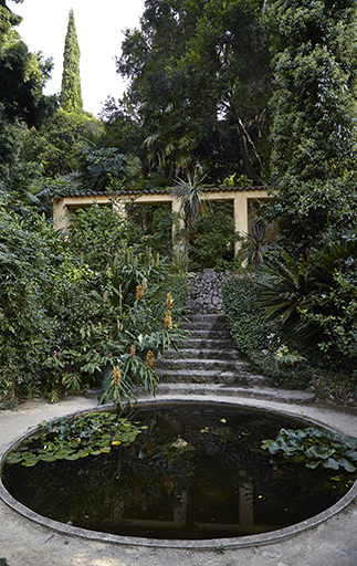 Jardin de la serre froide (vue d'ensemble du bassin et de la serre froide).