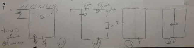 Plans schématiques du bâtiment. De gauche à droite : étage de soubassement, rez-de-chaussée surélevé, étage de comble, toit.
