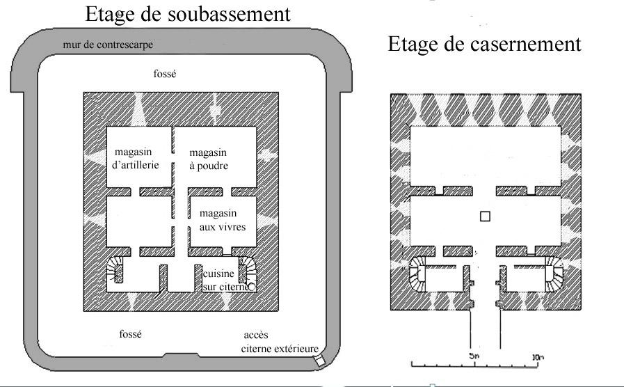 Tour de Pomeguet, plan des deux niveaux casematés. Dessin annoté et complété par Christian Corvisier.
