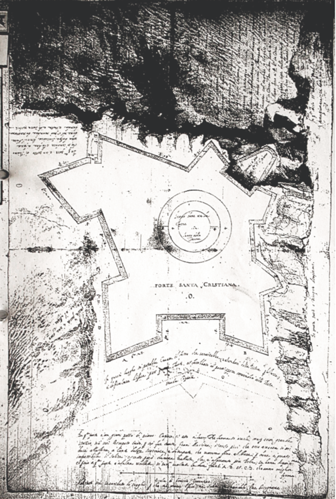[Plan du projet du fort Santa Christiana à Ratonneau], 1597.