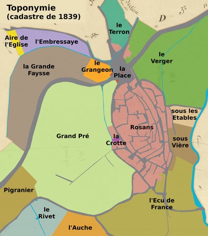 Toponymie cadastrale de 1839, reportées sur le cadastre de 1839 (sections F1 et F5). Echelle d'origine 1/1 000e.