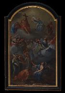 Tableau, cadre : Assemblée des saints et intercession d'un archange pour un saint évêque